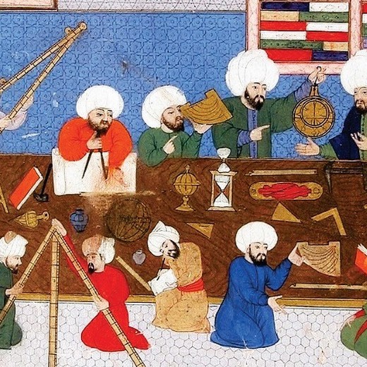 Şehinşehname'den İstanbul Rasathanesi'nin iç görünümü — astronomlar aletlerle çalışırken.