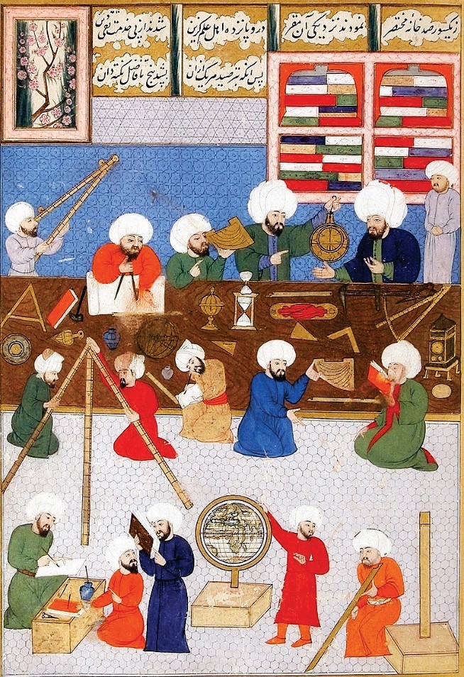 Şehinşehname'den, İstanbul Rasathanesi'nde çalışan astronomları gösteren 16. yüzyıl Osmanlı minyatürü.